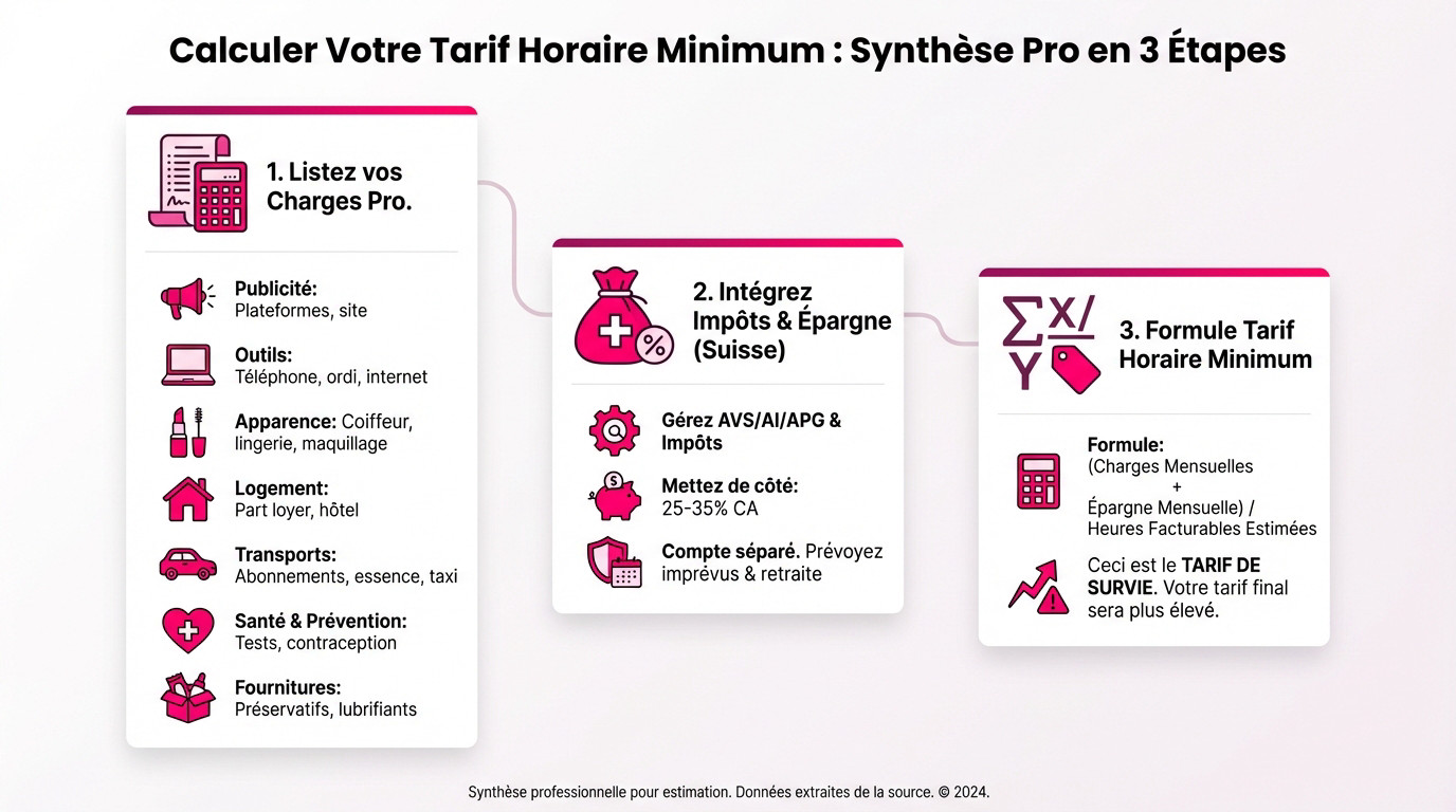 Infographie expliquant comment calculer le tarif horaire minimum pour une escort indépendante en Suisse