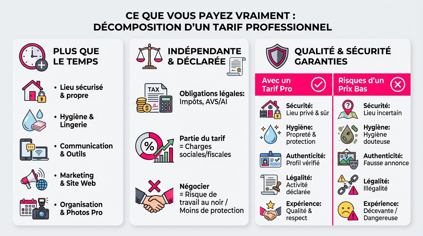 Graphique illustrant la répartition des coûts d'une escort indépendante en Suisse : charges, sécurité et salaire net