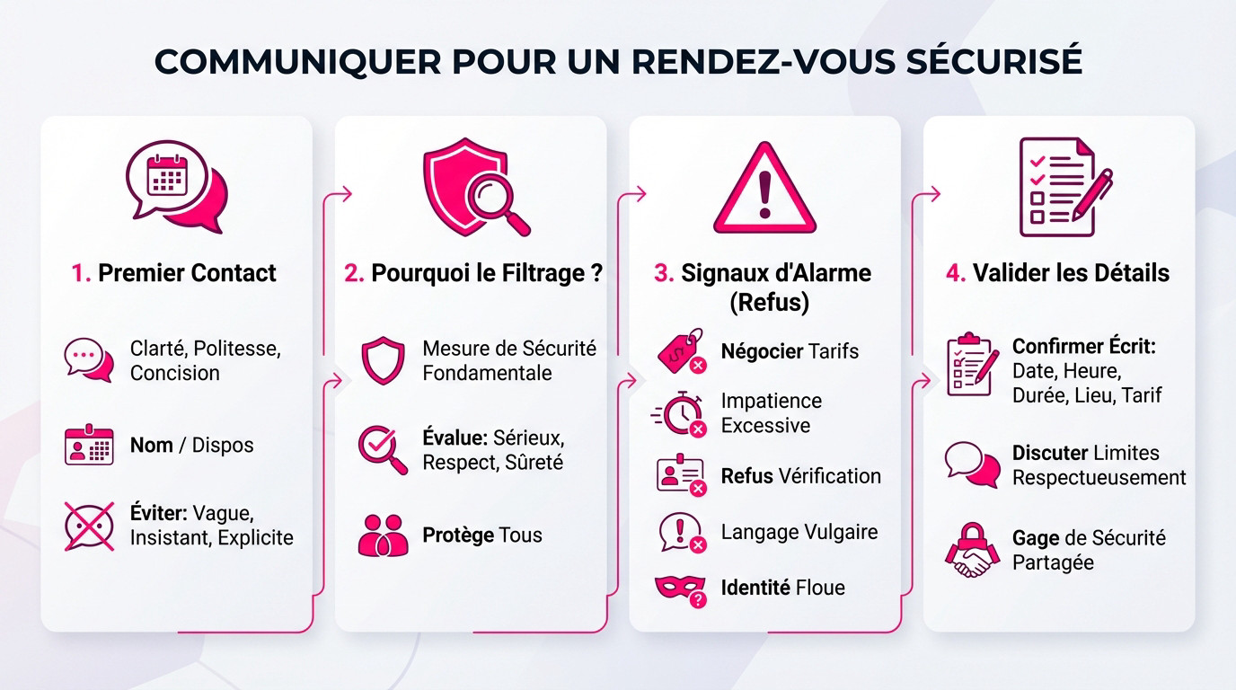 Smartphone posé sur une table affichant une conversation sécurisée pour planifier un rendez-vous avec une escort