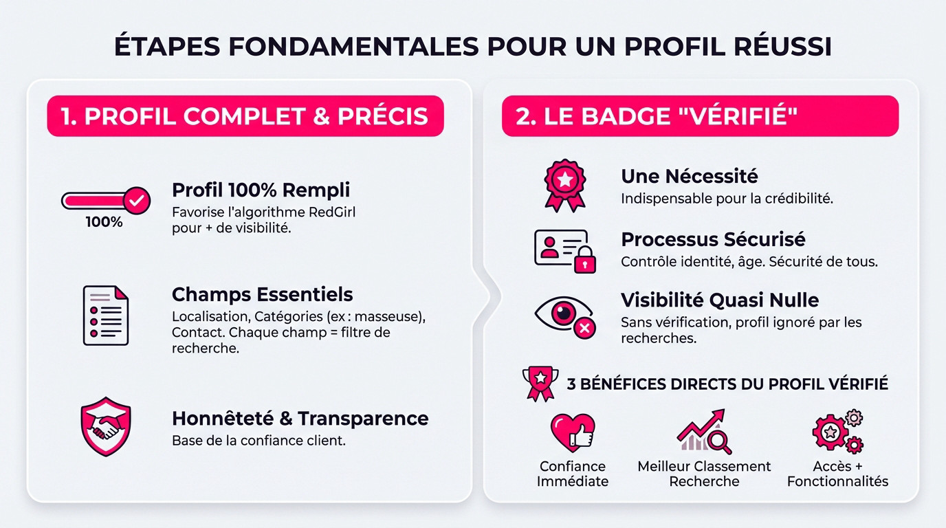 Illustration des étapes clés pour un profil RedGirl réussi : inscription complète et vérification