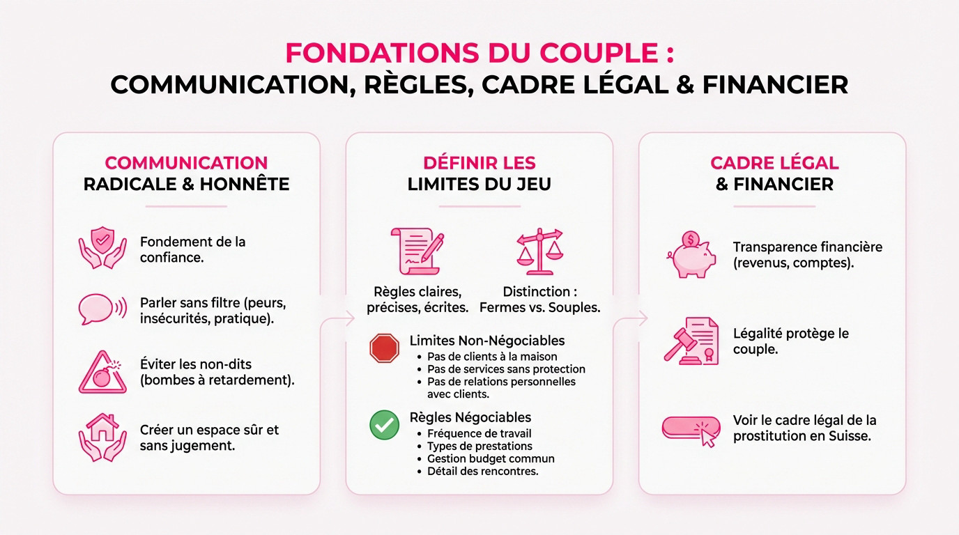 Couple discutant sereinement des règles et finances liées à l'activité d'escort