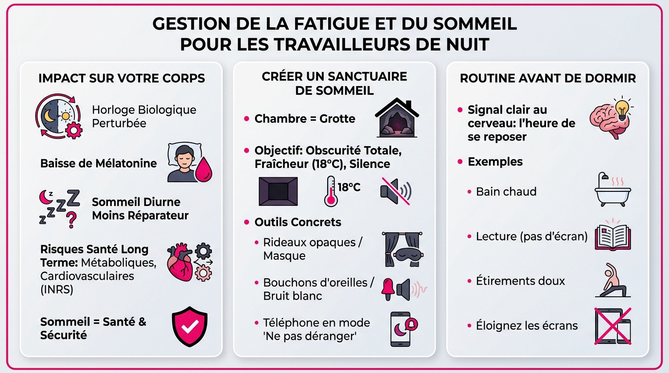 Femme dormant paisiblement avec un masque de sommeil dans une chambre sombre, illustrant la gestion de la fatigue pour le travail de nuit
