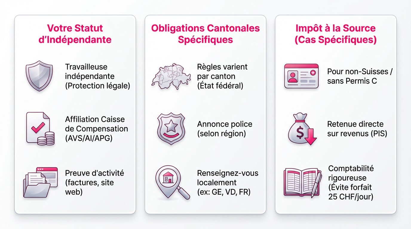 Guide statut indépendant et obligations fiscales pour escort en Suisse