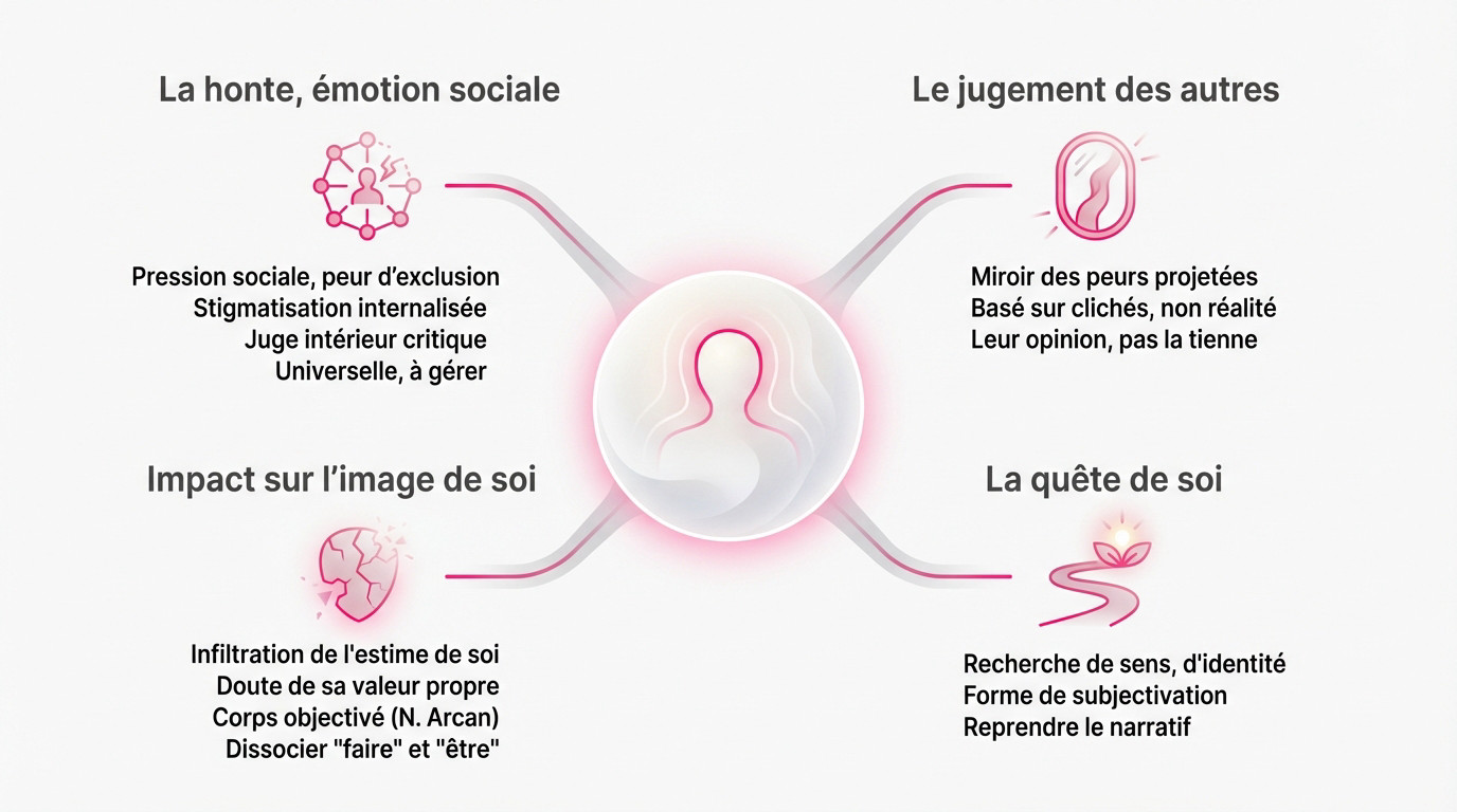 Femme réfléchissant aux mécanismes psychologiques de la honte et du jugement