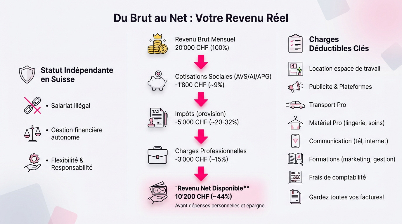 Infographie montrant la répartition du revenu brut au net pour une escort indépendante en Suisse