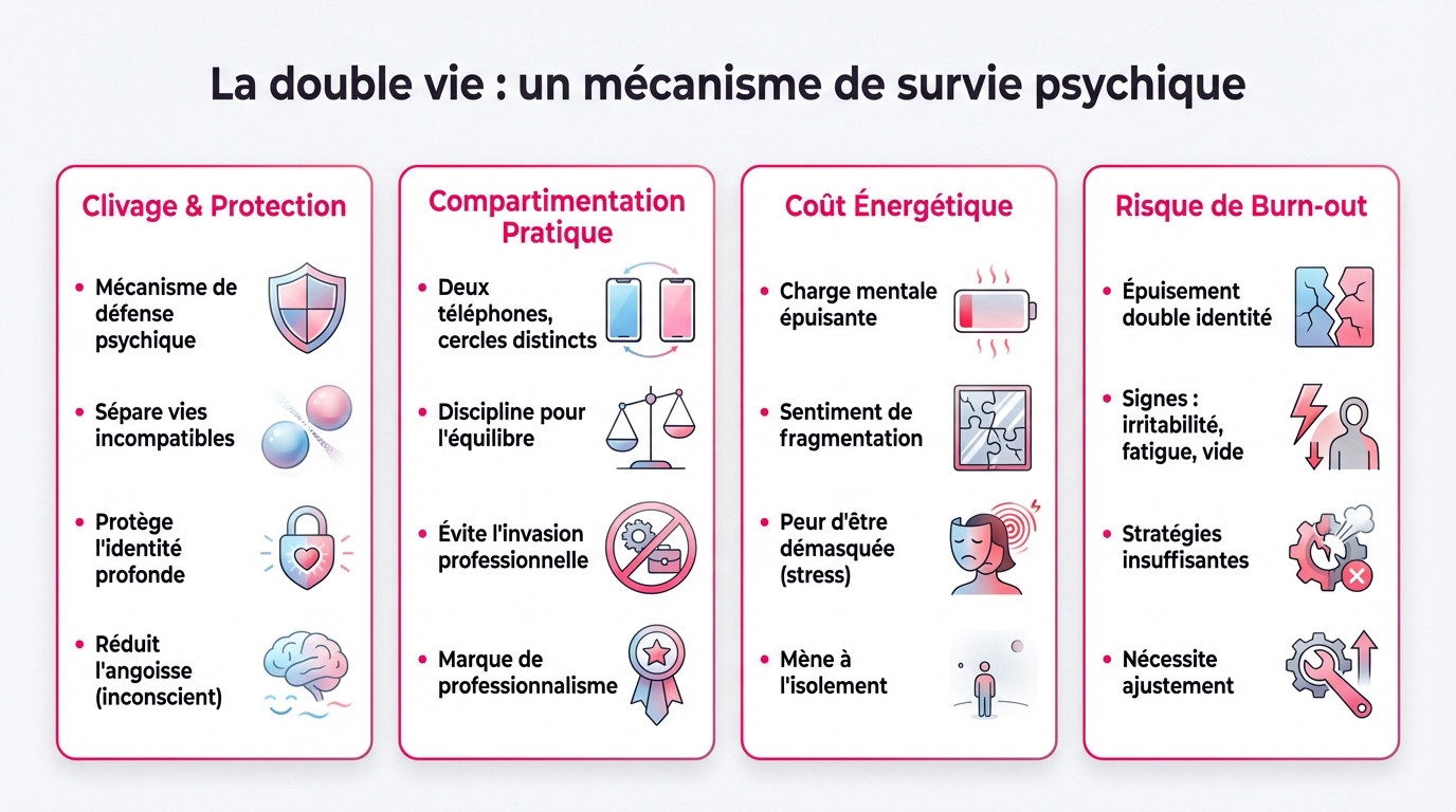 Illustration symbolique du clivage psychologique et de la double vie chez une escort indépendante