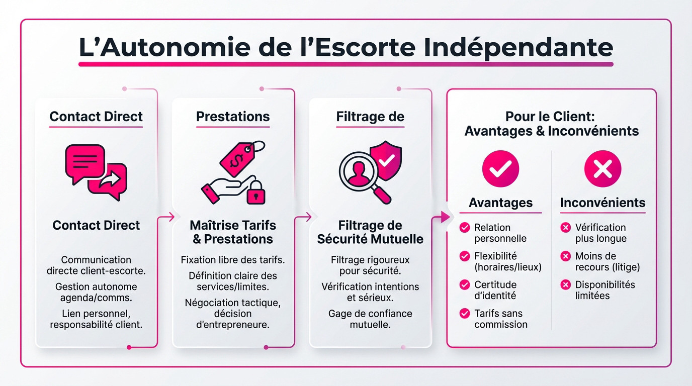 Femme élégante illustrant l'autonomie d'une escorte indépendante gérant ses rendez-vous