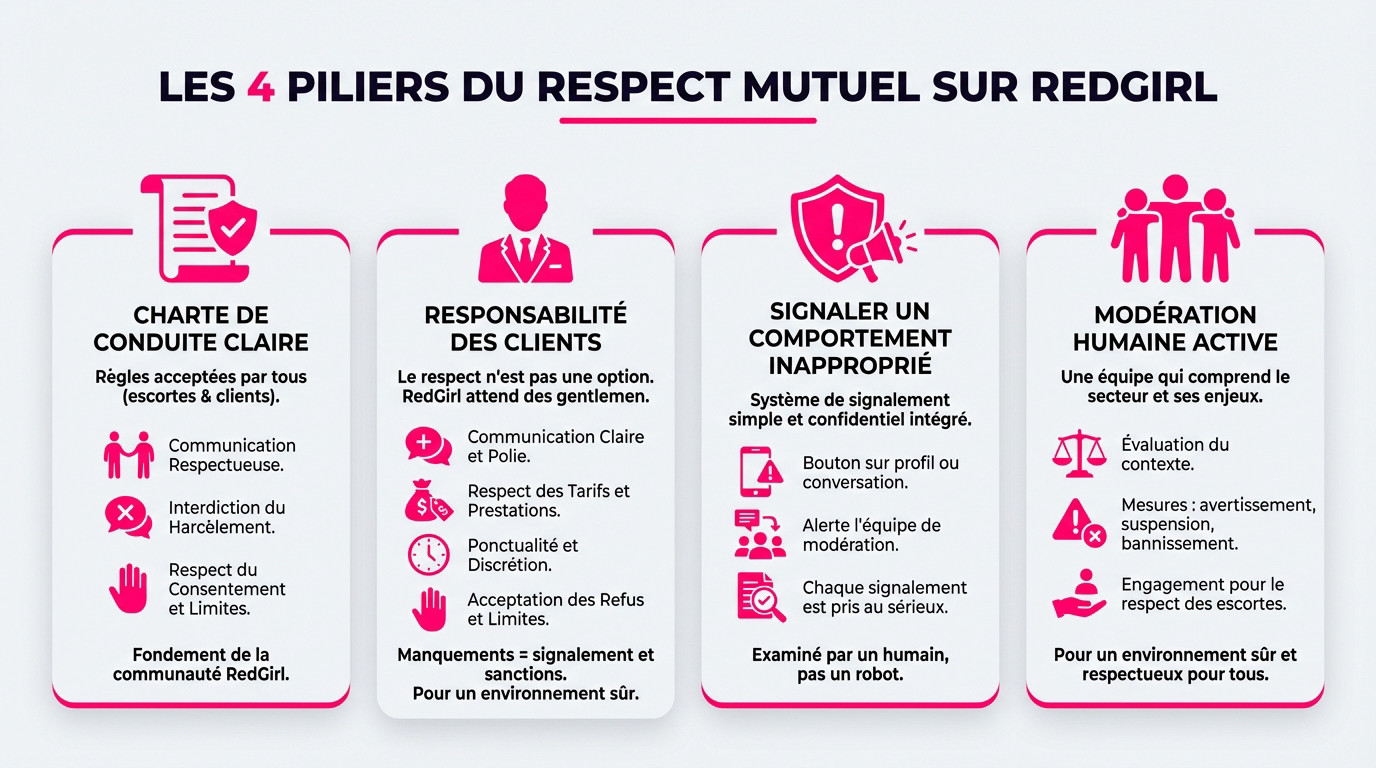 Illustration des 4 piliers du respect mutuel et de la sécurité sur RedGirl