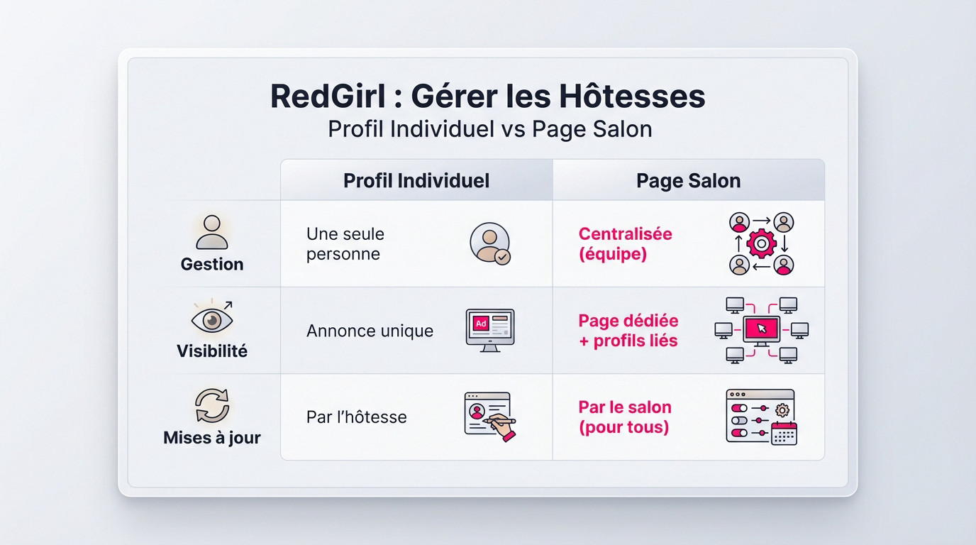 Comparaison des fonctionnalités RedGirl entre un profil individuel et une page salon centralisée