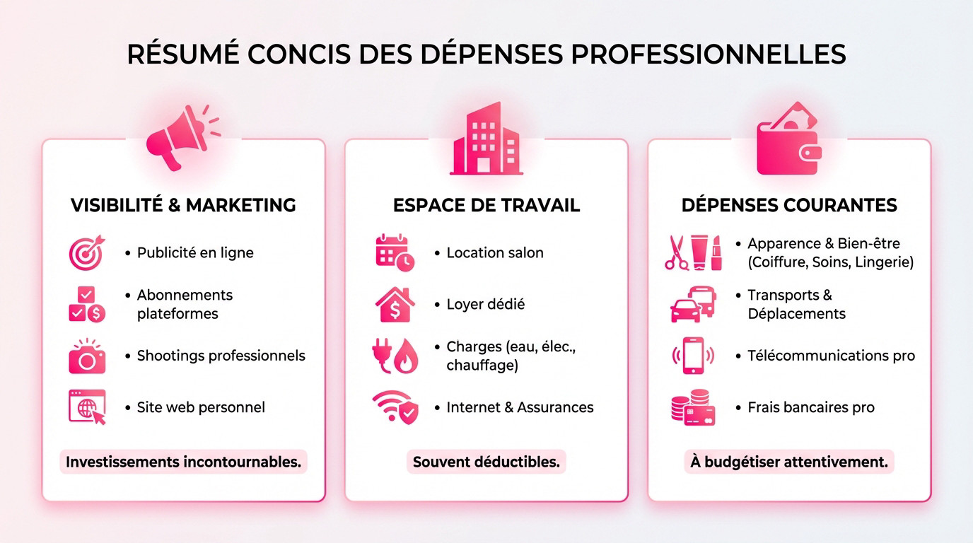 Résumé visuel des principales dépenses professionnelles pour une escort en Suisse : marketing, loyer et frais courants