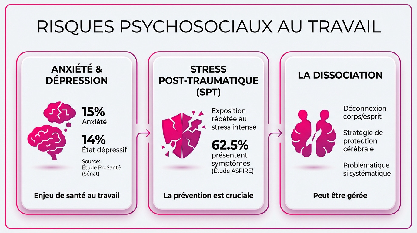 Schéma illustrant les risques psychosociaux et l'impact du stress au travail