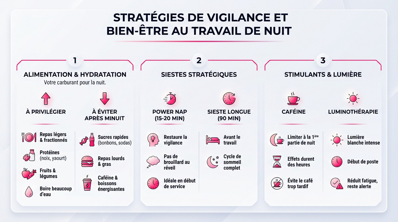 Femme travaillant de nuit utilisant des stratégies de vigilance et d'alimentation saine