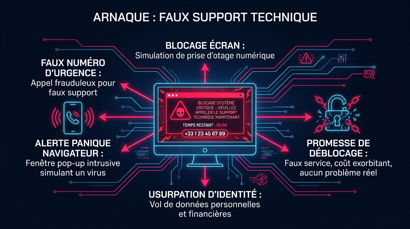 Alerte de sécurité frauduleuse sur un écran d'ordinateur simulant un virus