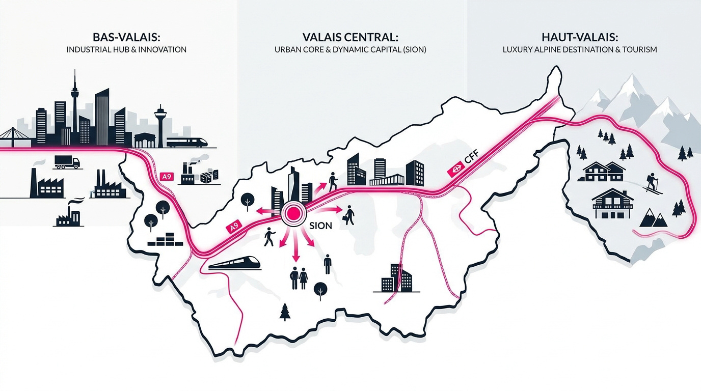 Carte stylisée des zones économiques et touristiques du Valais entre plaine et stations de ski