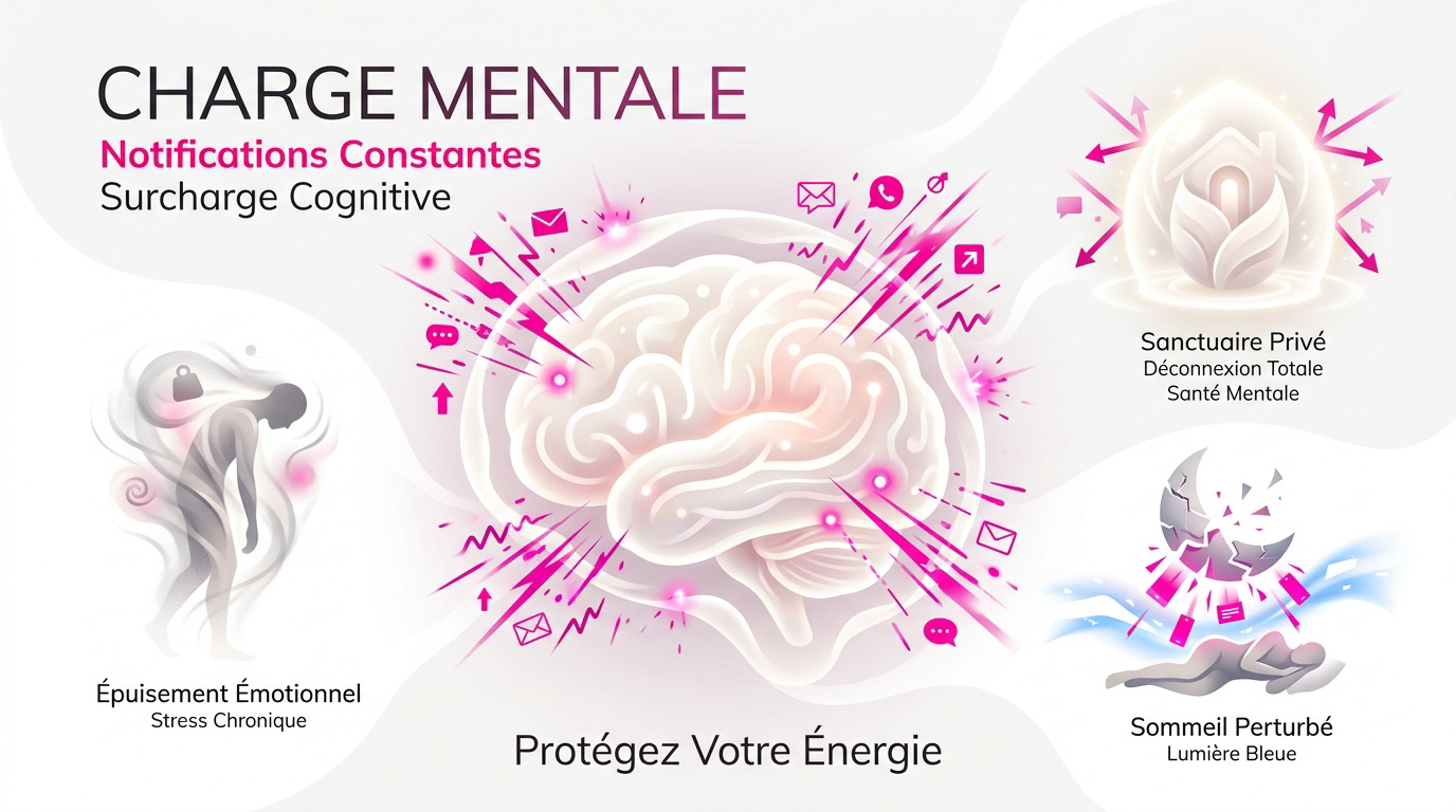 Femme escort gérant sa charge mentale face aux notifications mobiles