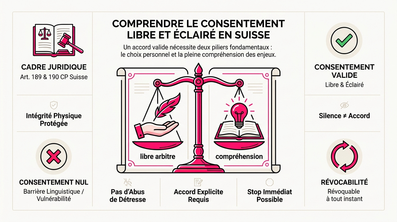 Représentation symbolique du consentement et de la communication claire en Suisse