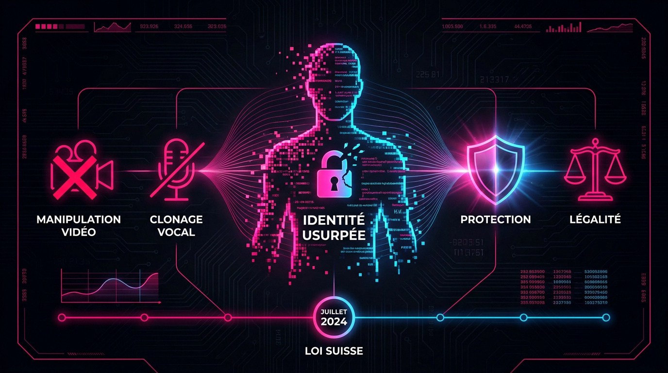 Illustration de la cybersécurité et de la loi suisse contre l'usurpation d'identité par deepfake