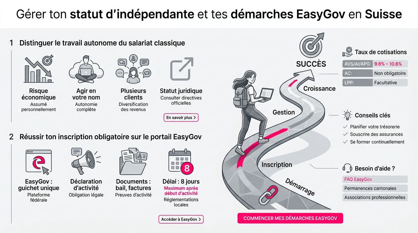 Interface du portail EasyGov pour l'inscription des indépendantes en Suisse