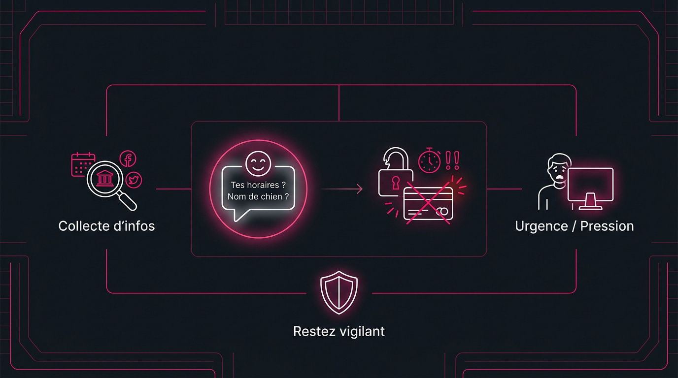 Infographie expliquant les étapes d'un piège de phishing et les mesures de sécurité en Suisse