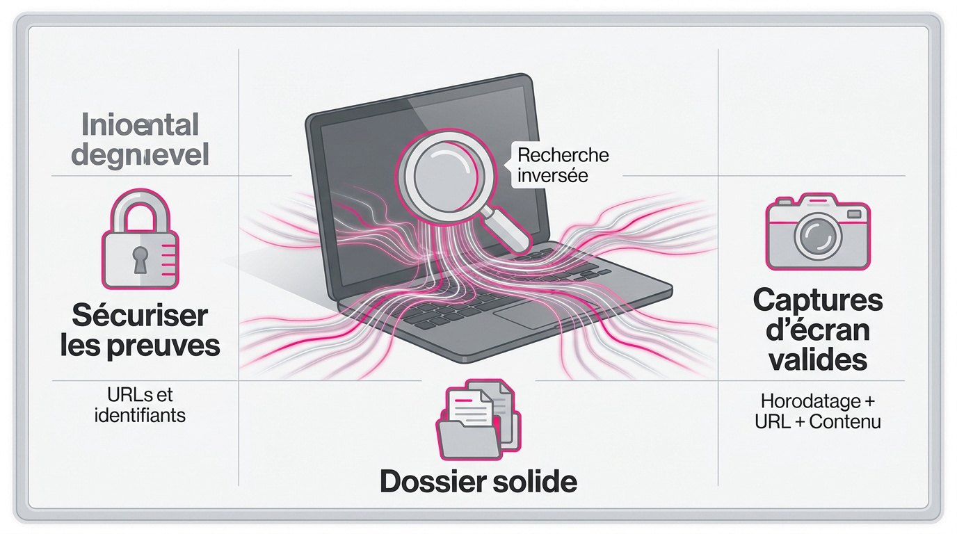 Infographie expliquant comment sécuriser et documenter les preuves numériques d'usurpation