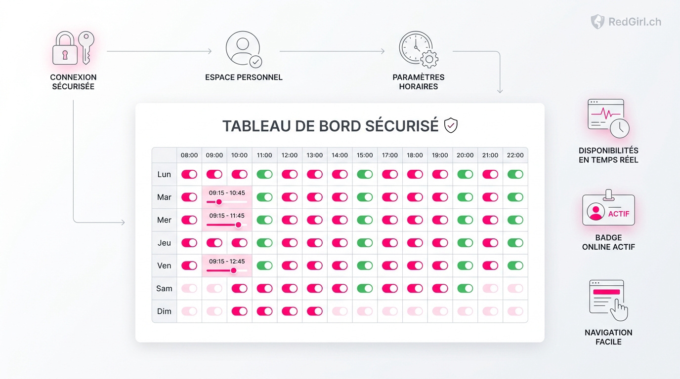 Interface sécurisée de gestion des horaires sur RedGirl.ch pour escortes indépendantes