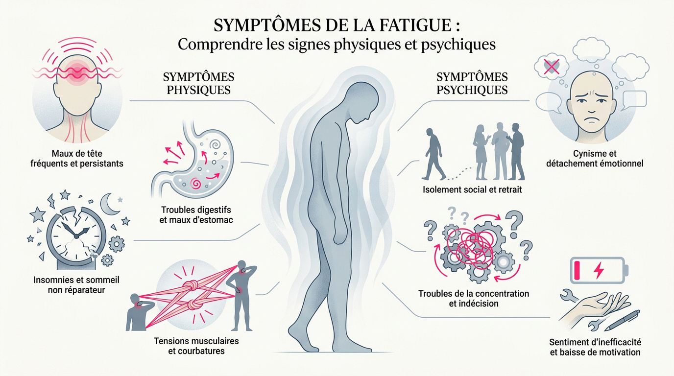 Illustration des signes physiques et psychiques de l'épuisement émotionnel chez une femme